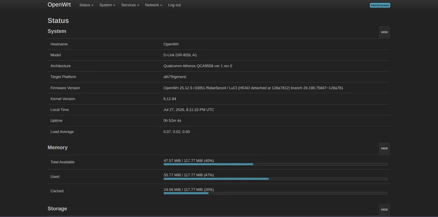 OpenWrt LuCI status dashboard running on the DIR-855L A1.