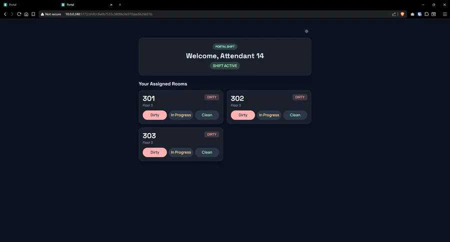 Attendant work view with assigned rooms and cleaning status controls.