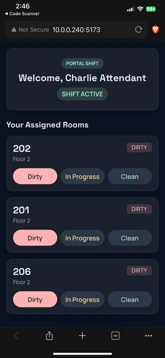 Mobile attendant interface with assigned room cards and cleaning status buttons.