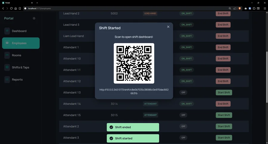 Shift-start confirmation with a QR code for the attendant work view.
