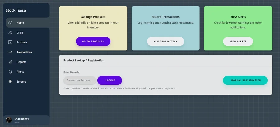 Stock Ease dashboard with product management, transaction, and alert shortcuts.