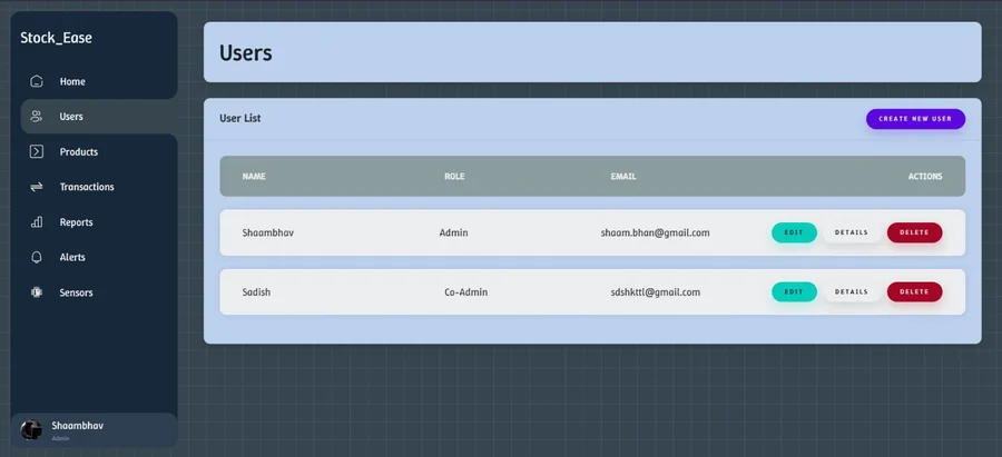 Stock Ease user table with roles and account management actions.
