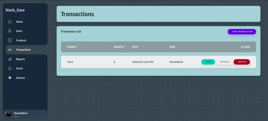 Stock transaction history with product, quantity, date, and user columns.