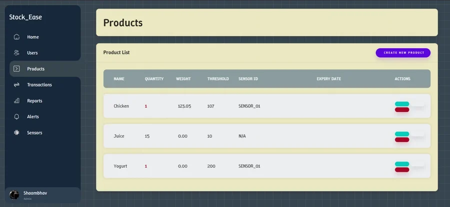 Inventory table showing product quantities, weights, and management actions.